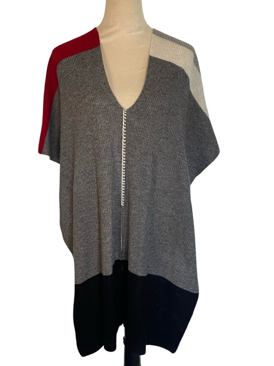 Label + thread Sweaters - Label + Thread Colorblock V-Neck Knit Poncho Sweater - Gray, Black & Red